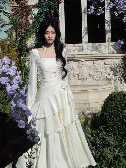 Elegantes Meerjungfrauenkleid mit eckigem Ausschnitt in Weiß und langen Ärmeln für Damen, Mädchen und Teenager – Ballkleider N2187