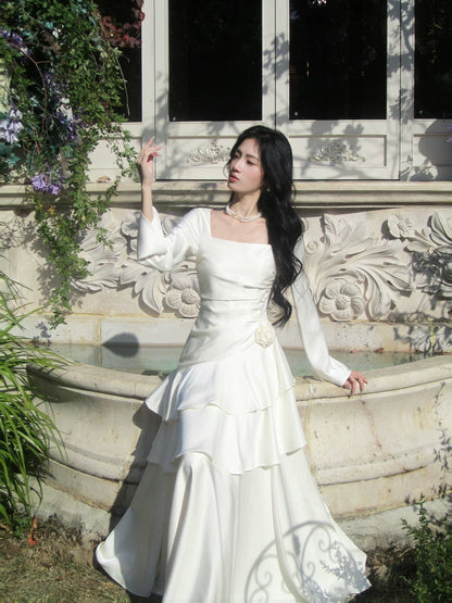Elegantes Meerjungfrauenkleid mit eckigem Ausschnitt in Weiß und langen Ärmeln für Damen, Mädchen und Teenager – Ballkleider N2187