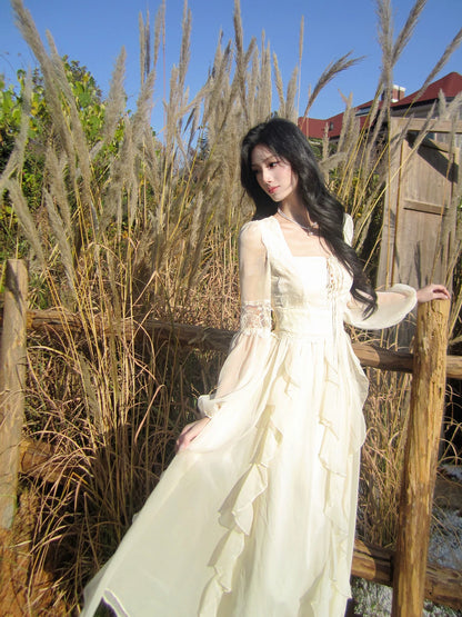 Elegantes A-Linien-Kleid mit eckigem Ausschnitt in Weiß mit langen Ärmeln für Damen Mädchen Teenager Abschlussballkleider N2189