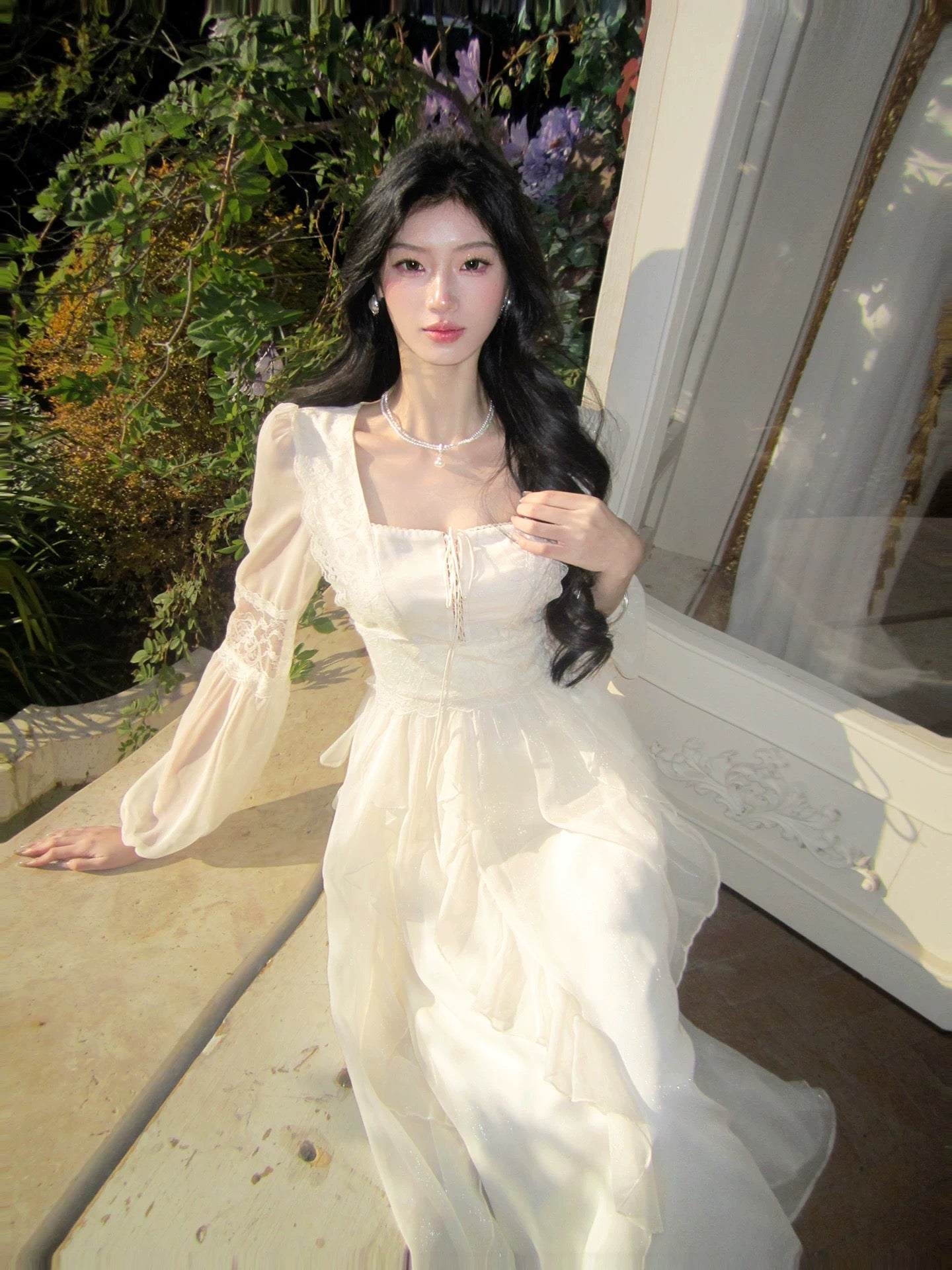 Elegantes A-Linien-Kleid mit eckigem Ausschnitt in Weiß mit langen Ärmeln für Damen Mädchen Teenager Abschlussballkleider N2189