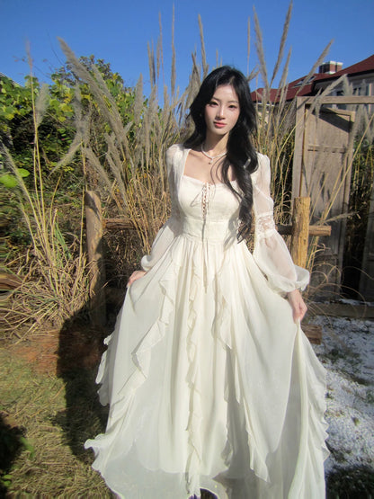 Elegantes A-Linien-Kleid mit eckigem Ausschnitt in Weiß mit langen Ärmeln für Damen Mädchen Teenager Abschlussballkleider N2189