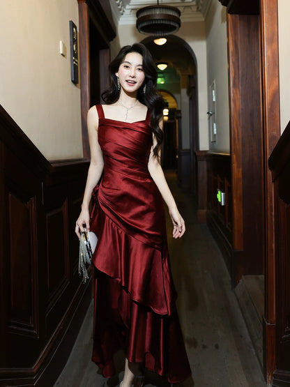 Elegantes Meerjungfrau-Abendkleid mit eckigem Ausschnitt in Weinrot aus Satin für Damen, Mädchen, Teenager, Abschlussballkleider N2190