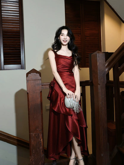 Elegantes Meerjungfrau-Abendkleid mit eckigem Ausschnitt in Weinrot aus Satin für Damen, Mädchen, Teenager, Abschlussballkleider N2190