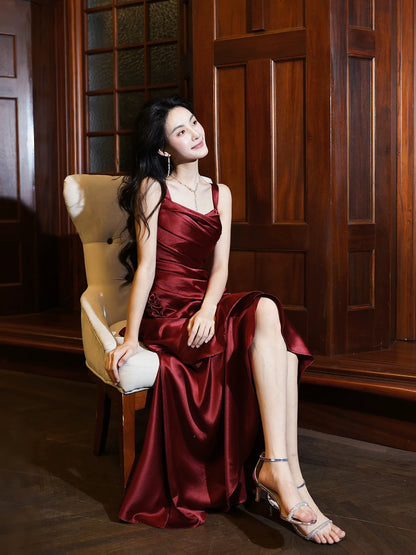 Elegantes Meerjungfrau-Abendkleid mit eckigem Ausschnitt in Weinrot aus Satin für Damen, Mädchen, Teenager, Abschlussballkleider N2190
