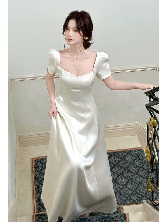 Simple A Line Square Neck Ivory Satin Long For Women Girls Teens Prom Dresses N2192