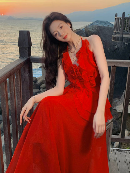 Elegantes A-Linien Neckholder Rotes Chiffon Inspirations Brautjungfernkleid N2193