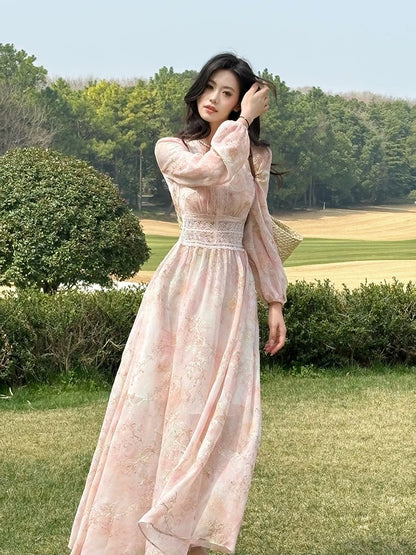 Chic Robe de Soirée Trapèze en Chiffon Rose à Col en V, pour Invitée de Mariage, Printemps/Été, Thème Jardin N2196