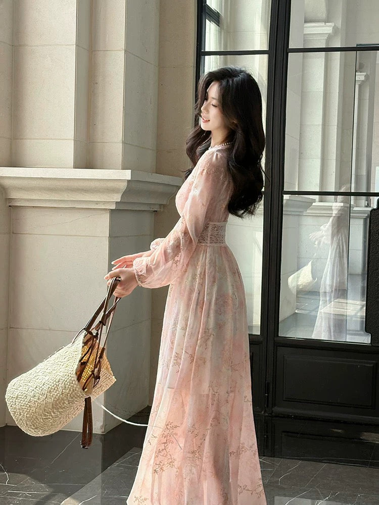 Chic Robe de Soirée Trapèze en Chiffon Rose à Col en V, pour Invitée de Mariage, Printemps/Été, Thème Jardin N2196