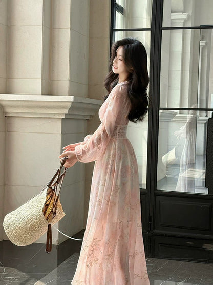 Chic Robe de Soirée Trapèze en Chiffon Rose à Col en V, pour Invitée de Mariage, Printemps/Été, Thème Jardin N2196