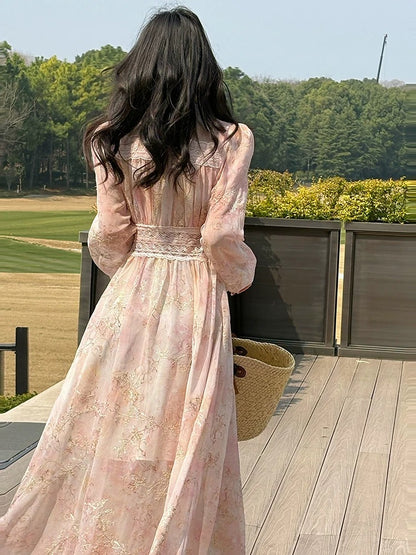 Chic Robe de Soirée Trapèze en Chiffon Rose à Col en V, pour Invitée de Mariage, Printemps/Été, Thème Jardin N2196