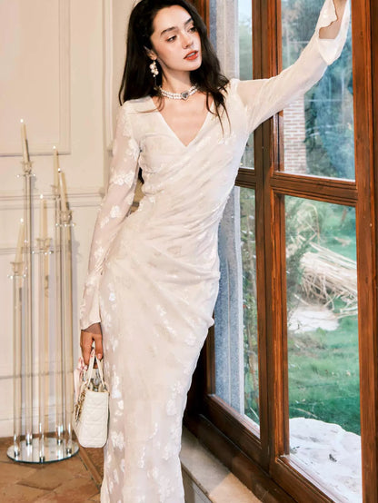 Cute Mermaid V Neck White Velvet Long Sleeves Spring Summer Garden Inspiration Wedding Party Guest Dresses N2198