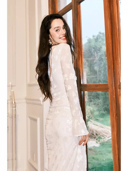 Cute Mermaid V Neck White Velvet Long Sleeves Spring Summer Garden Inspiration Wedding Party Guest Dresses N2198