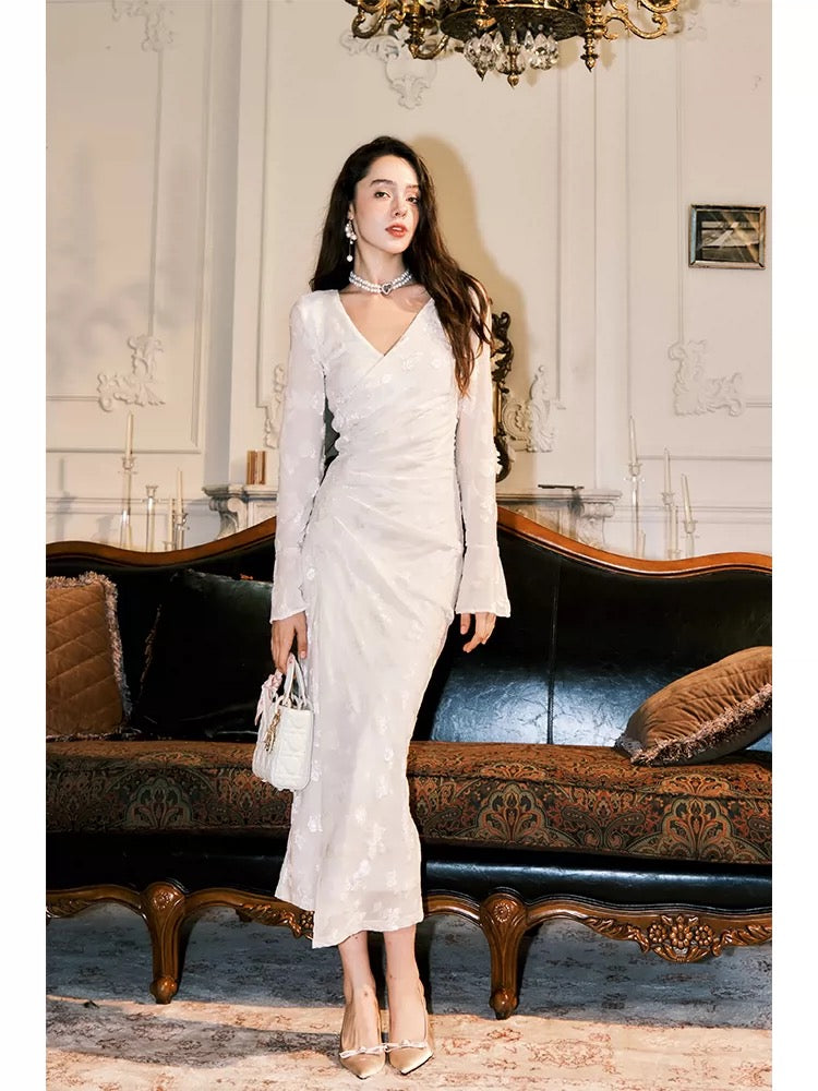 Cute Mermaid V Neck White Velvet Long Sleeves Spring Summer Garden Inspiration Wedding Party Guest Dresses N2198