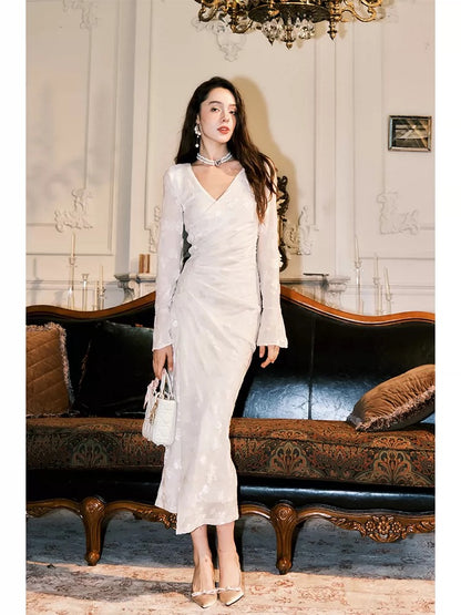 Cute Mermaid V Neck White Velvet Long Sleeves Spring Summer Garden Inspiration Wedding Party Guest Dresses N2198