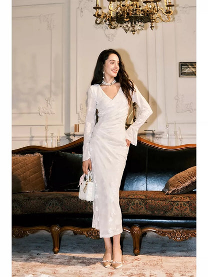 Cute Mermaid V Neck White Velvet Long Sleeves Spring Summer Garden Inspiration Wedding Party Guest Dresses N2198