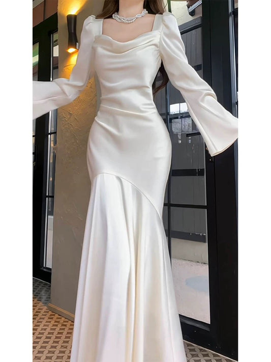 Cute Mermaid Square White Satin Long Sleeves Spring Summer Garden Inspiration Wedding Party Guest Dresses N2199