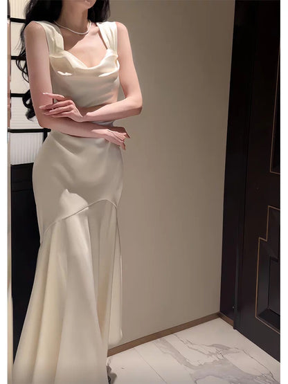 Timeless Mermaid Square Neck Satin White With Ruffled Outdoor Semi Formal Garden Beach Event Outfits Wedding Guest Dresses RB5015