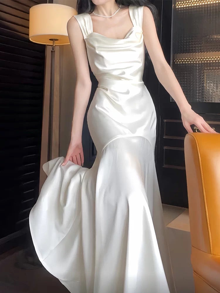 Timeless Mermaid Square Neck Satin White With Ruffled Outdoor Semi Formal Garden Beach Event Outfits Wedding Guest Dresses RB5015