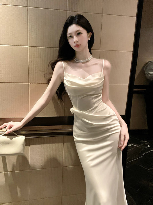 Cute Mermaid Spaghetti Straps Ivory Satin Long Beach Spring Summer Garden Inspiration Wedding Party Guest Dresses N2201
