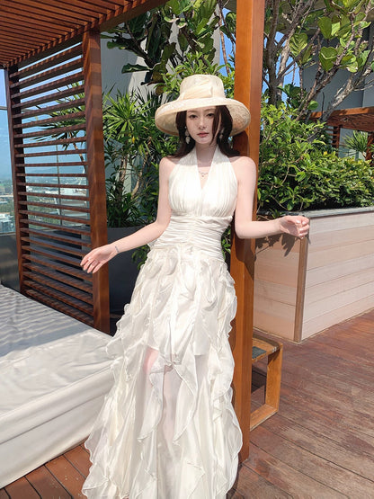Superbe Robe de Bal Longue Blanche à Volants Col Halter Coupe Trapèze pour Femmes, Filles et Ados N2202