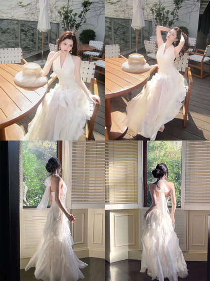 Superbe Robe de Bal Longue Blanche à Volants Col Halter Coupe Trapèze pour Femmes, Filles et Ados N2202