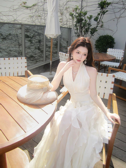 Superbe Robe de Bal Longue Blanche à Volants Col Halter Coupe Trapèze pour Femmes, Filles et Ados N2202