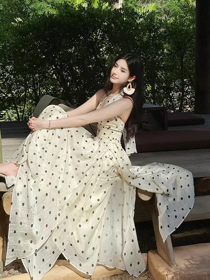 Wunderschönes, langes Abendkleid mit A-Linie, Neckholder und schwarzen Tupfen für Damen, Mädchen und Teenager – Ballkleid N2203