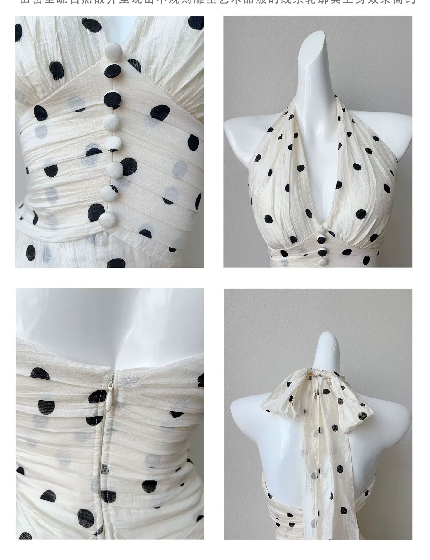 Wunderschönes, langes Abendkleid mit A-Linie, Neckholder und schwarzen Tupfen für Damen, Mädchen und Teenager – Ballkleid N2203