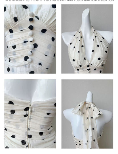 Wunderschönes, langes Abendkleid mit A-Linie, Neckholder und schwarzen Tupfen für Damen, Mädchen und Teenager – Ballkleid N2203