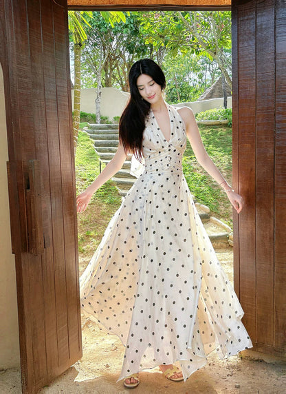 Wunderschönes, langes Abendkleid mit A-Linie, Neckholder und schwarzen Tupfen für Damen, Mädchen und Teenager – Ballkleid N2203