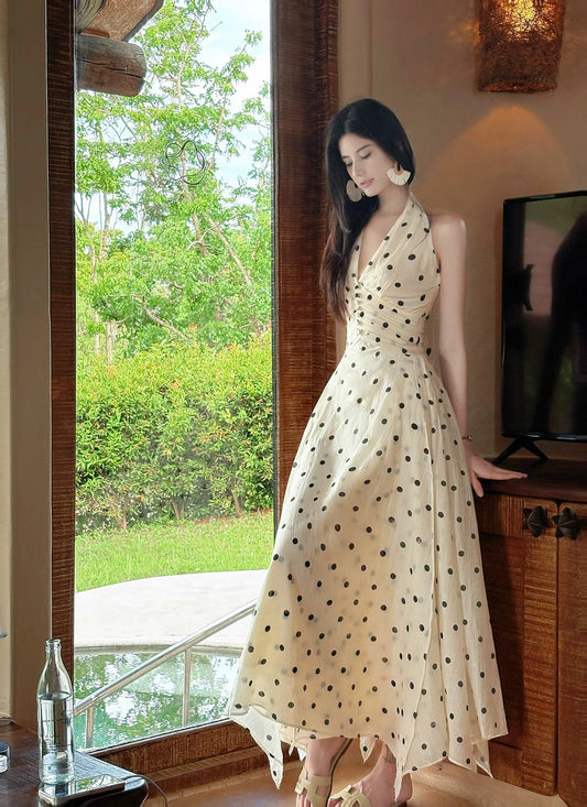 French Style A Line Halter Black Polka Dots Summer Formal Long For Women Girls Teens Prom Dresses N2204