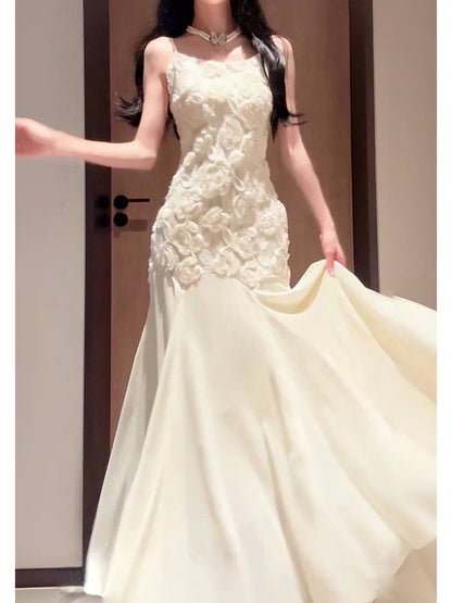 Jolie Robe de soirée d'invité de mariage à fines bretelles ivoire sirène longue pour le printemps, l'été, le jardin, inspiration N2206