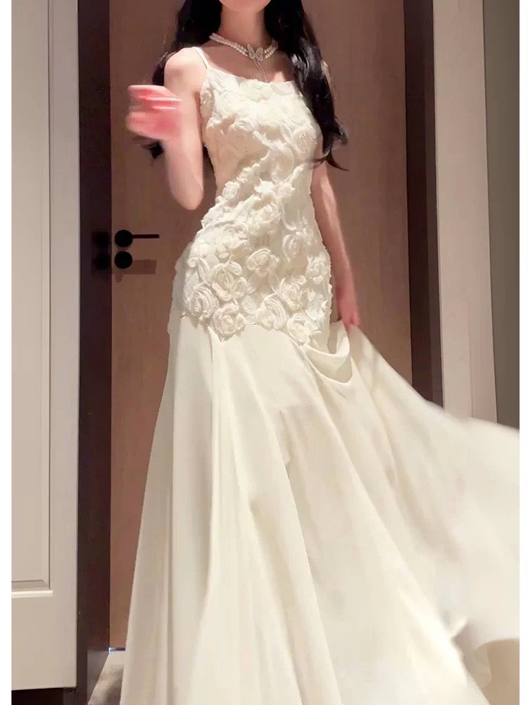 Jolie Robe de soirée d'invité de mariage à fines bretelles ivoire sirène longue pour le printemps, l'été, le jardin, inspiration N2206