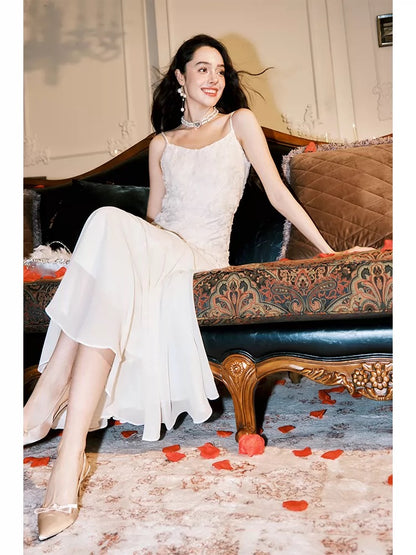 Jolie Robe de soirée d'invité de mariage à fines bretelles ivoire sirène longue pour le printemps, l'été, le jardin, inspiration N2206