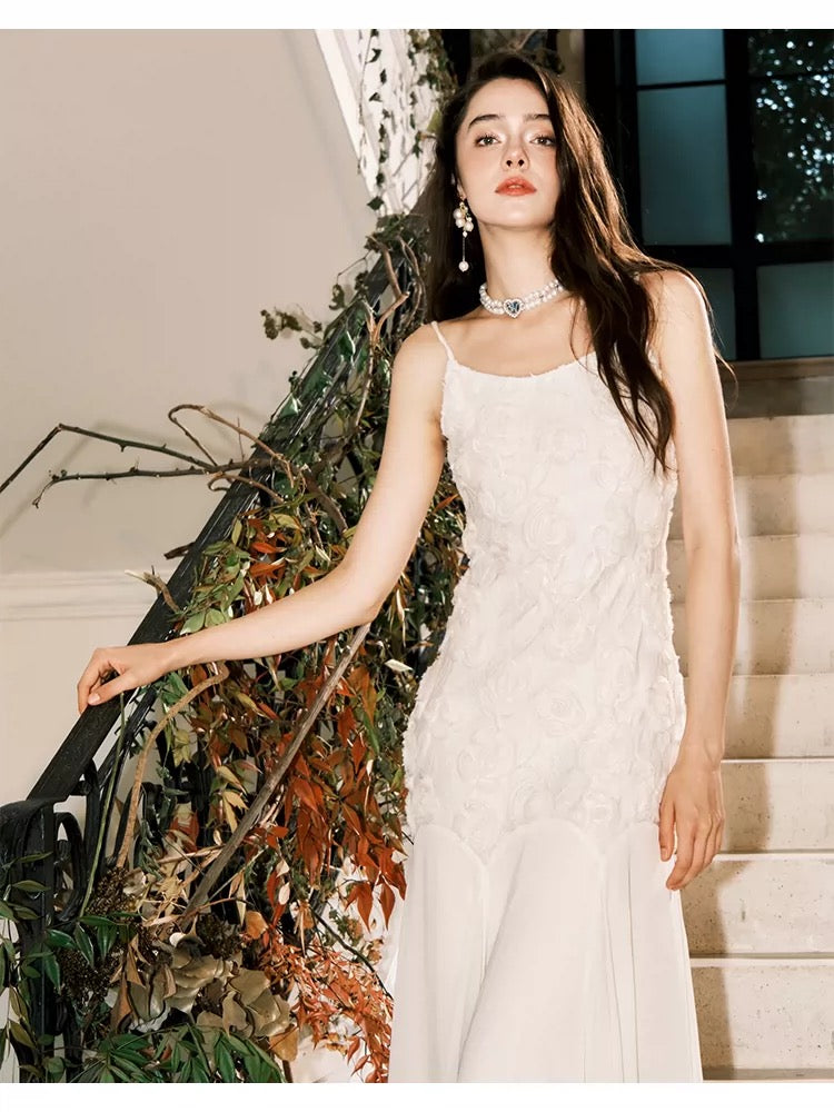 Jolie Robe de soirée d'invité de mariage à fines bretelles ivoire sirène longue pour le printemps, l'été, le jardin, inspiration N2206