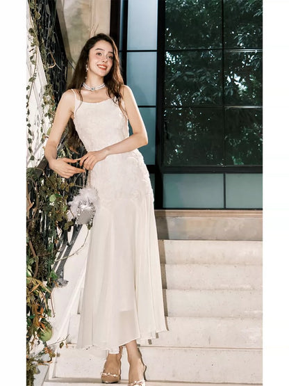 Jolie Robe de soirée d'invité de mariage à fines bretelles ivoire sirène longue pour le printemps, l'été, le jardin, inspiration N2206