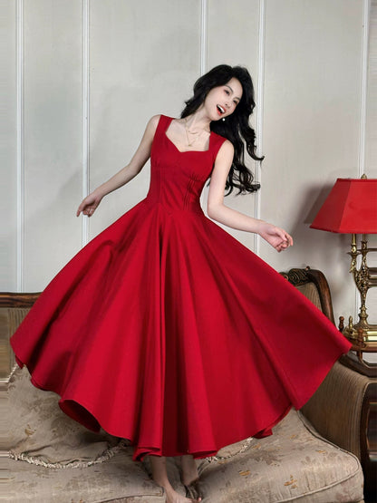 Robe de bal d'été rouge simple trapèze à fines bretelles pour femmes et adolescentes N2209