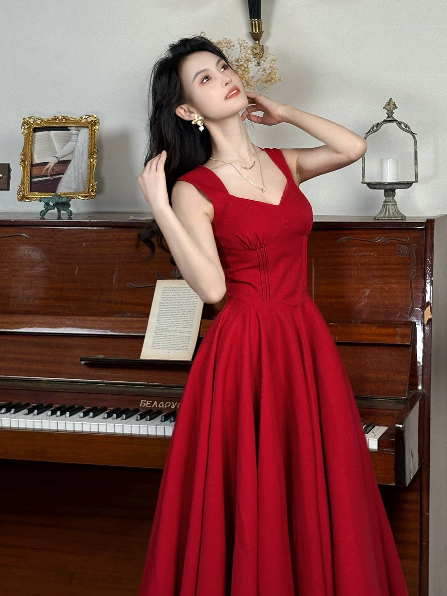 Robe de bal d'été rouge simple trapèze à fines bretelles pour femmes et adolescentes N2209
