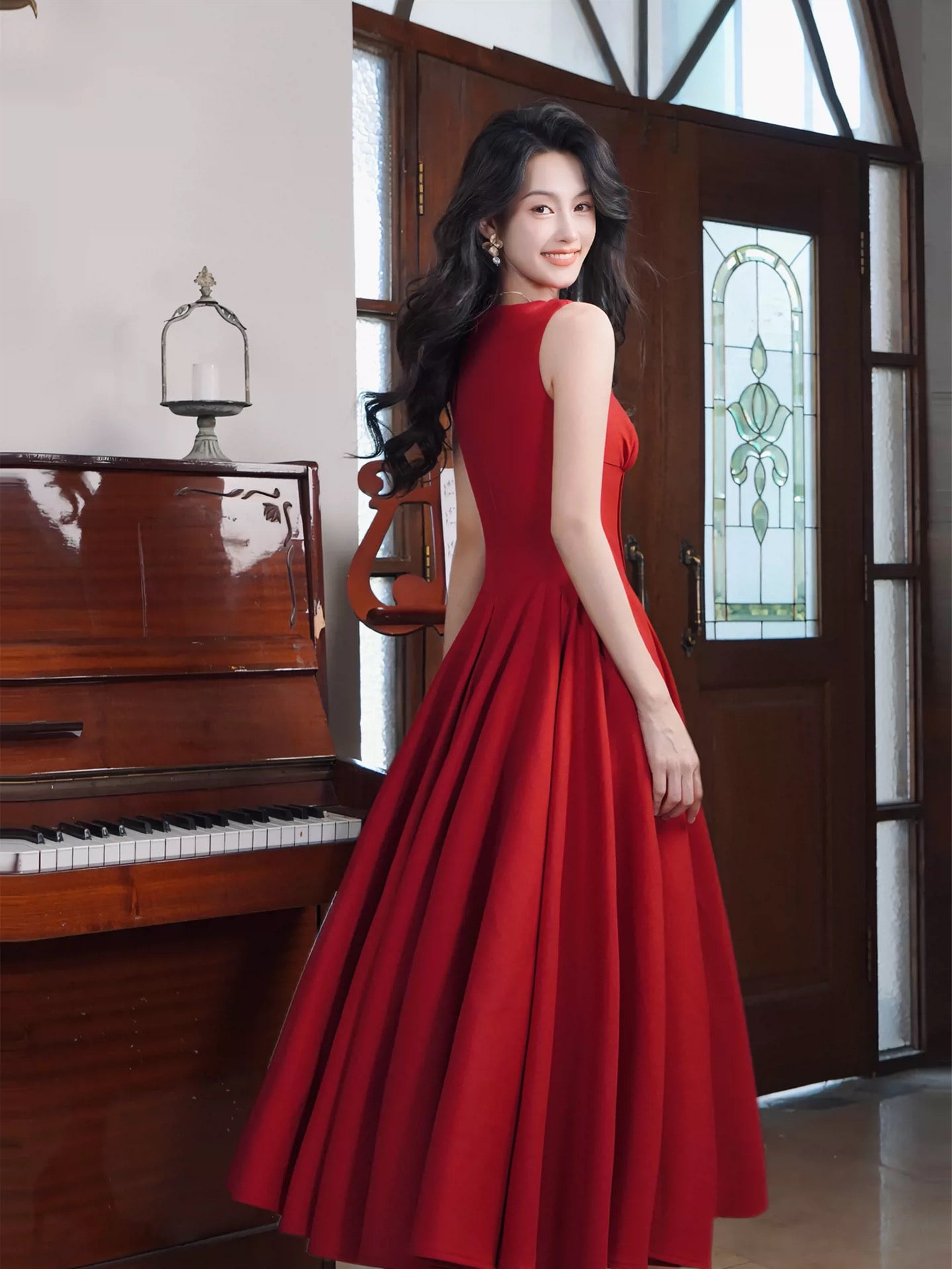 Robe de bal d'été rouge simple trapèze à fines bretelles pour femmes et adolescentes N2209