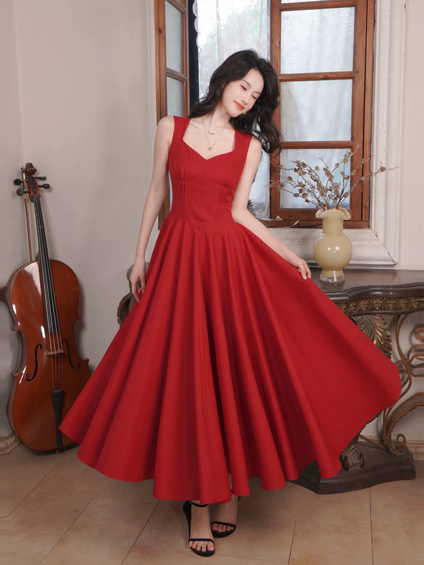 Robe de bal d'été rouge simple trapèze à fines bretelles pour femmes et adolescentes N2209