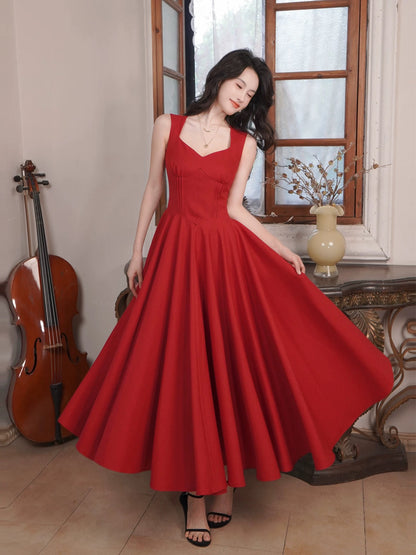 Robe de bal d'été rouge simple trapèze à fines bretelles pour femmes et adolescentes N2209