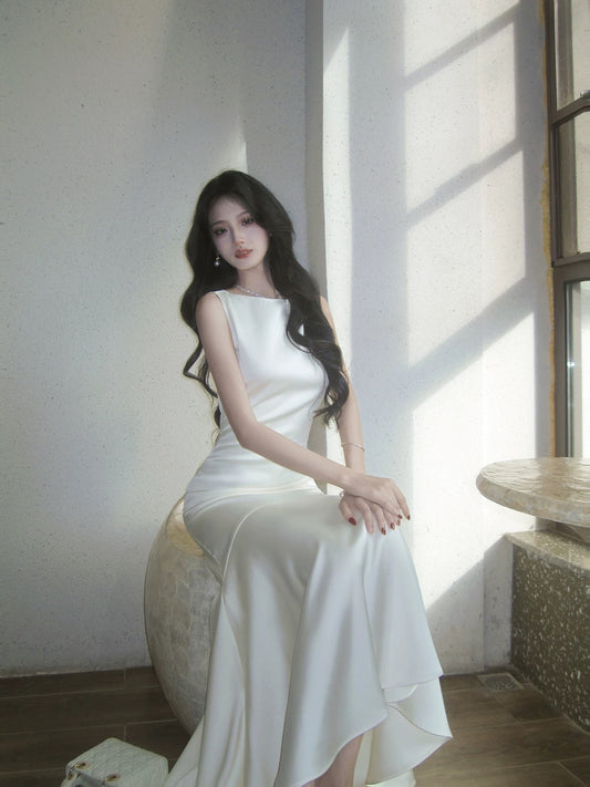 Simple Mermaid Scoop Ivory Long Beach Spring Summer Garden Inspiration Wedding Party Guest Dresses N2210