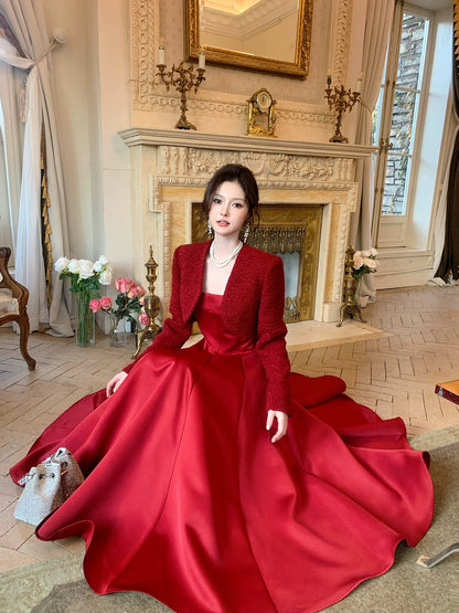 Robe de bal d'été rouge en satin avec encolure carrée et coupe trapèze simple pour femmes, filles et adolescentes N2211