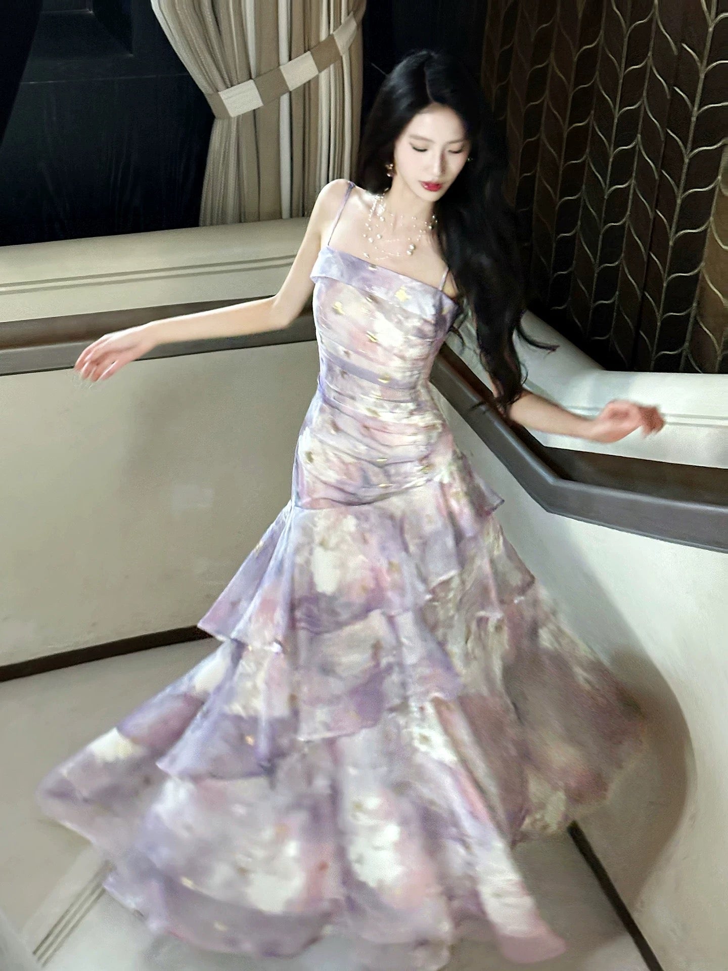 Elegantes Meerjungfrauen-Spaghettiträger-Kleid aus lilafarbenem floralem Chiffon, lang, für Damen, Mädchen, Teenager, Abschlussballkleider N2212