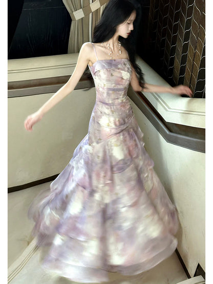 Elegantes Meerjungfrauen-Spaghettiträger-Kleid aus lilafarbenem floralem Chiffon, lang, für Damen, Mädchen, Teenager, Abschlussballkleider N2212