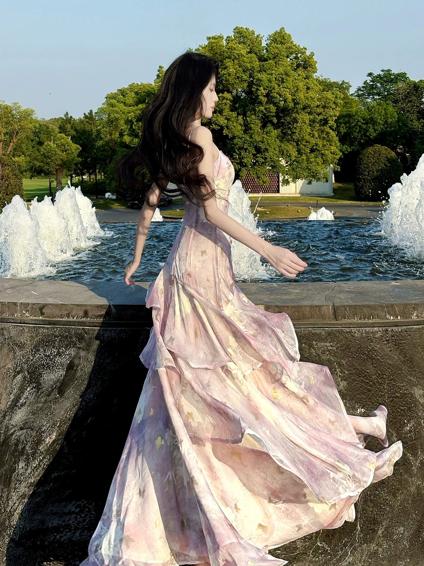 Elegantes Meerjungfrauen-Spaghettiträger-Kleid aus lilafarbenem floralem Chiffon, lang, für Damen, Mädchen, Teenager, Abschlussballkleider N2212