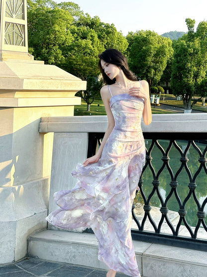 Elegantes Meerjungfrauen-Spaghettiträger-Kleid aus lilafarbenem floralem Chiffon, lang, für Damen, Mädchen, Teenager, Abschlussballkleider N2212