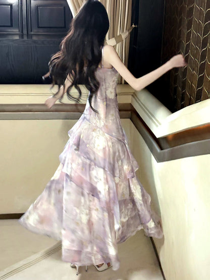 Elegantes Meerjungfrauen-Spaghettiträger-Kleid aus lilafarbenem floralem Chiffon, lang, für Damen, Mädchen, Teenager, Abschlussballkleider N2212