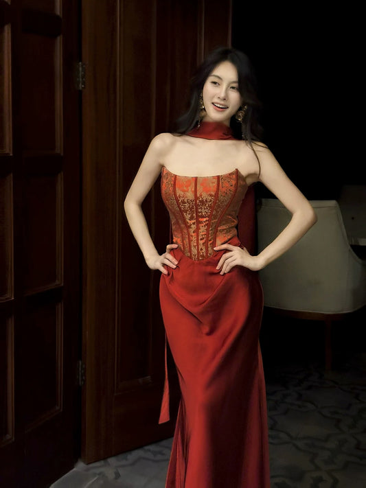 Classy Mermaid Spaghetti Strap Red Satin Long For Women Girls Teens Prom Dresses N2213