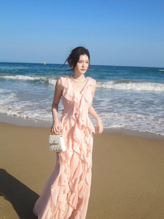 Simple Mermaid V Neck Pink Chiffon Summer Formal For Women Girls Teens Prom Dresses N2214